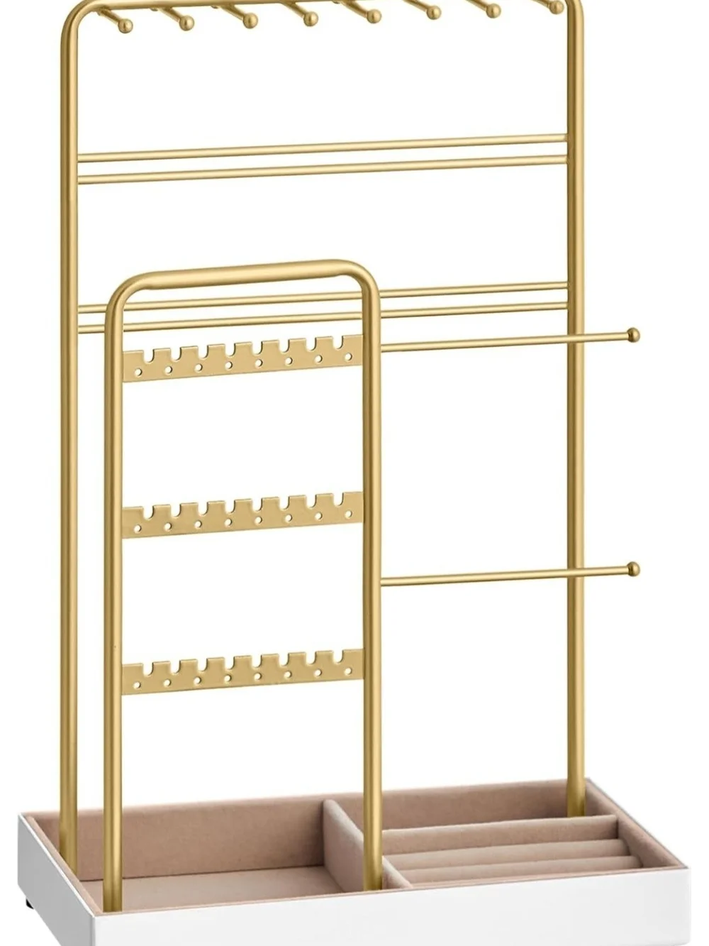Gold Jewelry Organizer Stand with White Base and Velvet Tray